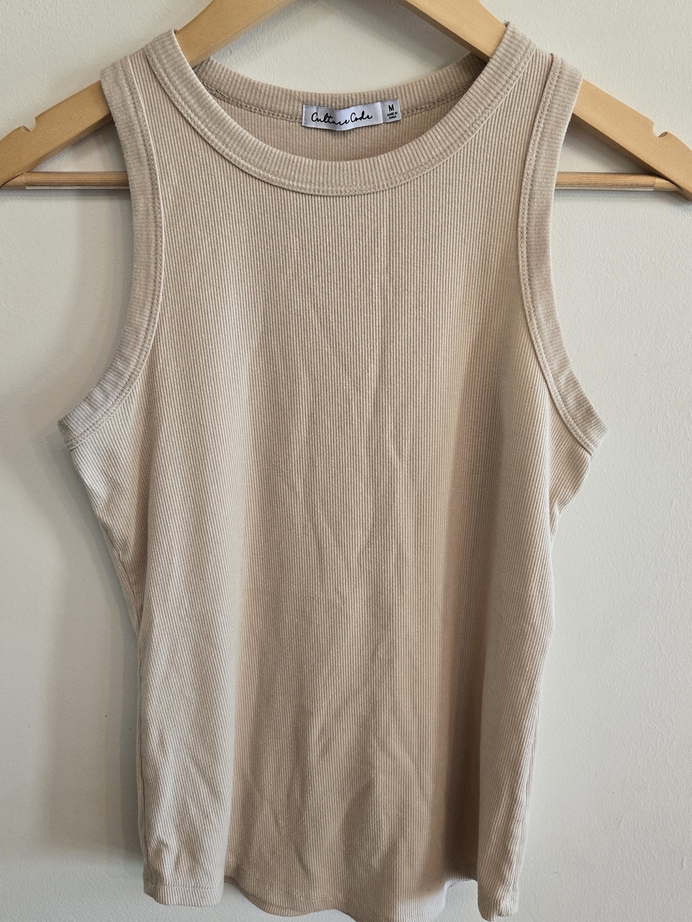 Neutral Ribbed Tank Top — Beige Sleeveless Crew High Neck